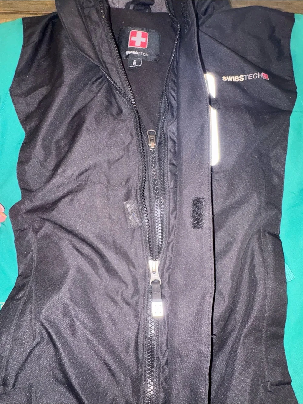 Swiss Tech Kids Hooded Raincoat in Black and Teal